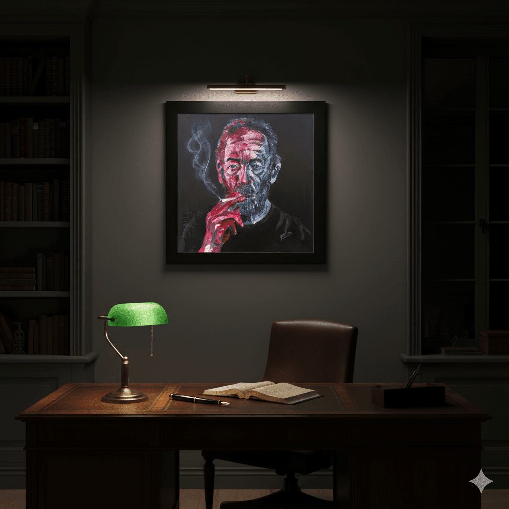 Simulació de Fumar mata... o taca, retrat expressionista d’un fumador pintat per Guillem Garcia Brustenga
