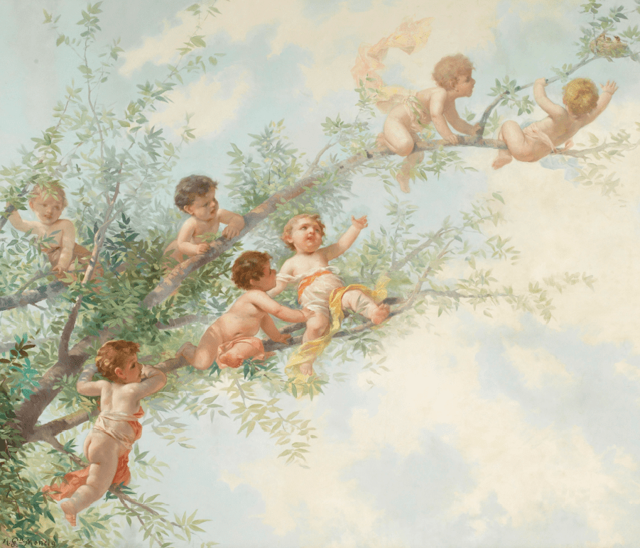 Els retrats que em miren: La saga dels Garcia 9 Amorcillos en una rama intentando coger un nido. Oli sobre tela. Museo del Prado. Antonio García Mencía 1905