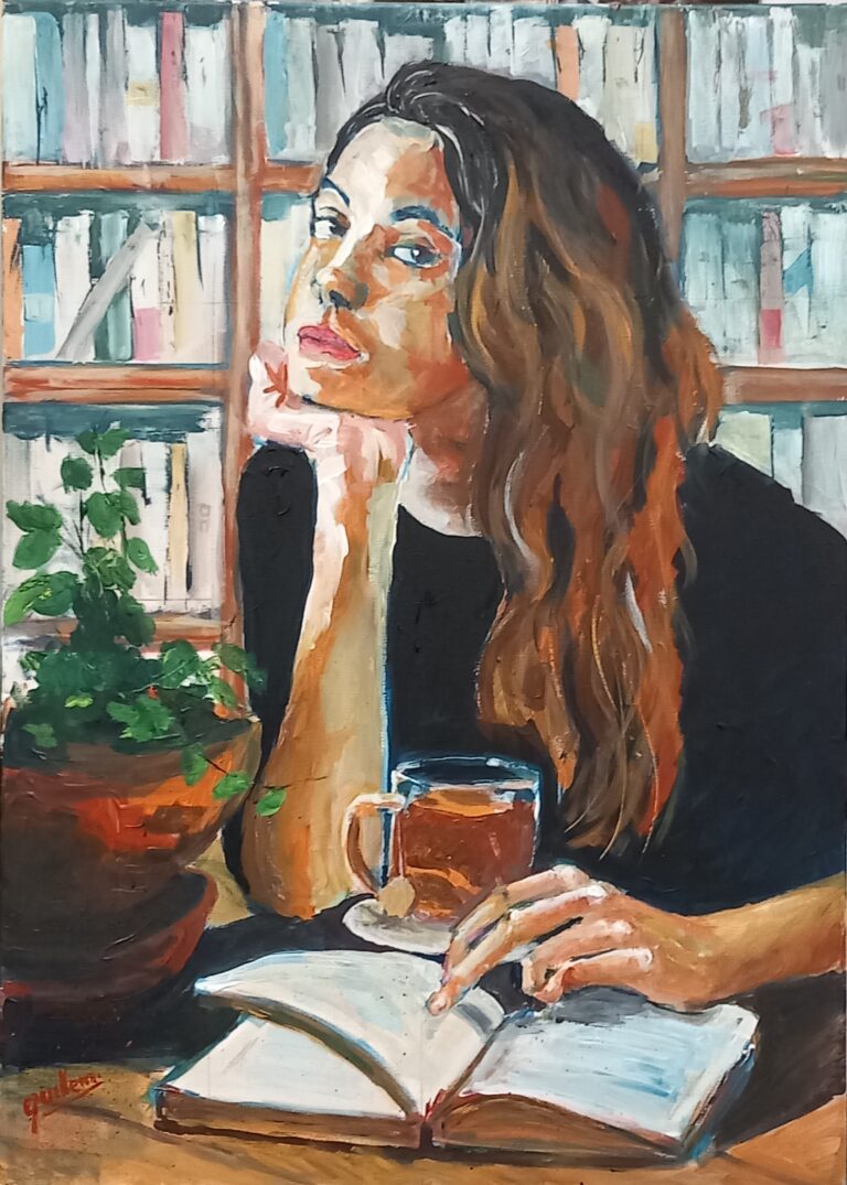 "Noia a la biblioteca" acrílic 50×70 de Guillem Garcia Brustenga a Terrassa