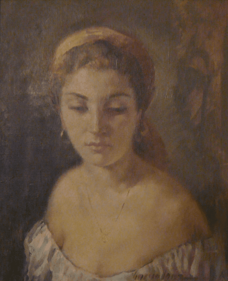 Chica con colgante y pañuelo rojo. Oli sobre tela. Antonio García Sanz